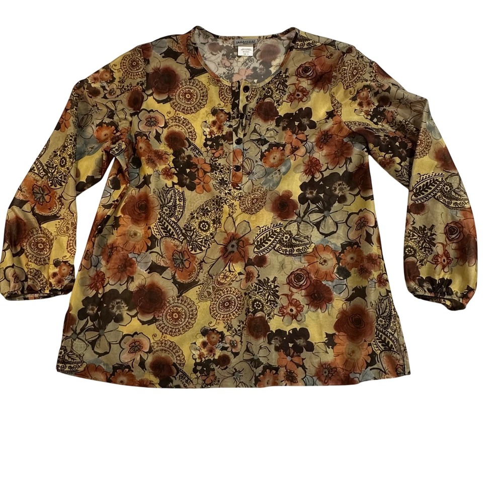Plus Floral Autumn Fall Print Long Sleeve Button Front Tunic Top Office Blouse‎
